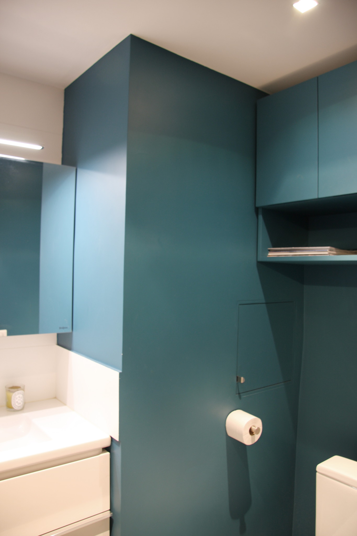 Nonjetable-Petrol-Blue-Toilet-with-Custom-Wall-Cupboard
